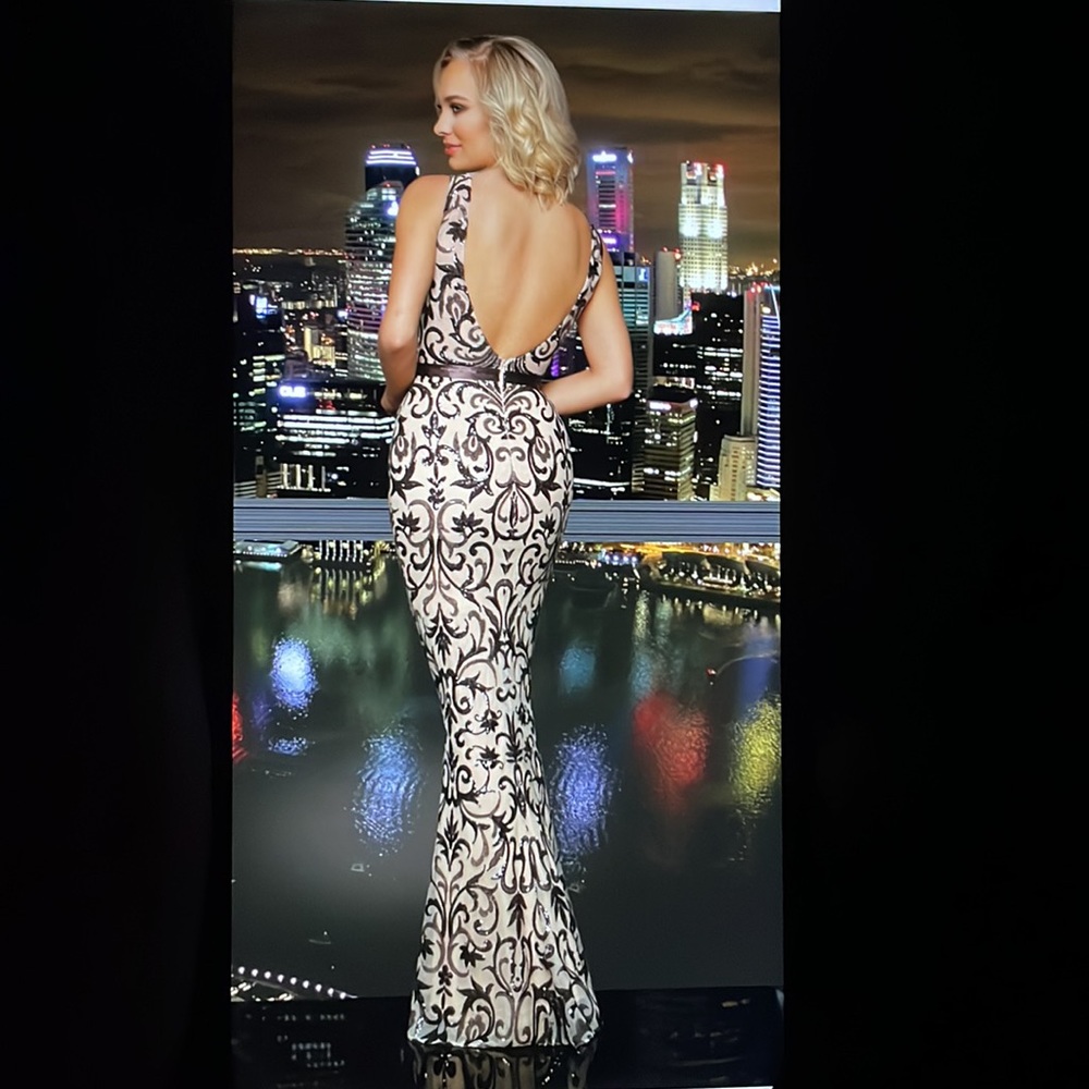 Ashley & Justin sleeveless formal long gown lace sequins nude & brown dress 10.